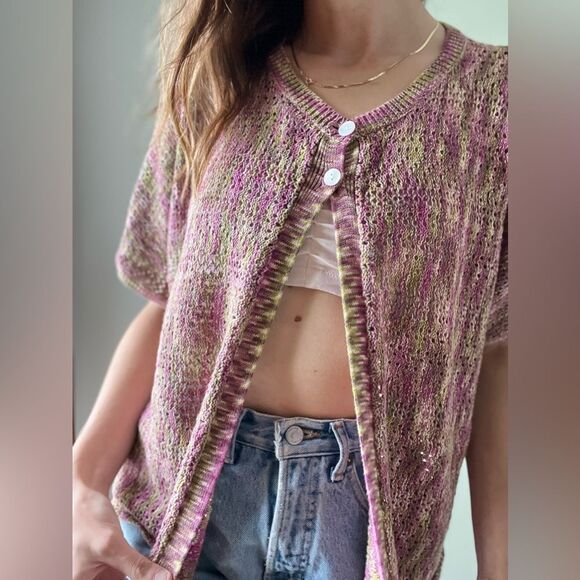 JH COLLECTIBLES Women’s Crochet Knit Cardigan Crop Top Pink Green Sweater 1X - Picture 4 of 13